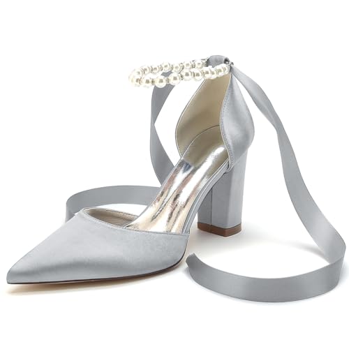 JMdfcqer Damen Spitzschuh Absatzschuhe 8.5cm Blockabsatz Perle Band Krawatte Bequem Hochzeit Brautschuhe,Silber,40 EU von JMdfcqer