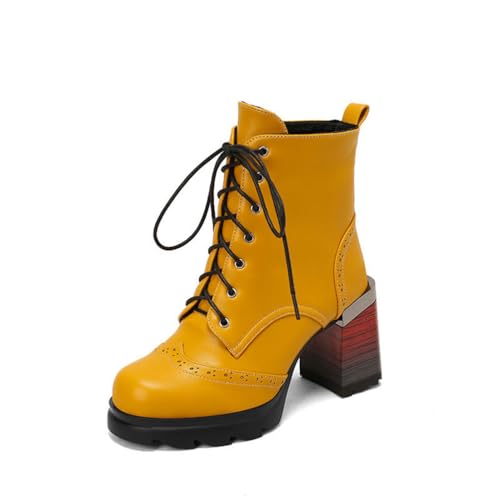 JMdfcqer Damen Springerstiefel Mode Stiefel Quadratische Zeh Blockabsatz Schnürstiefeletten Herbst Winter,Gelb,42 EU von JMdfcqer