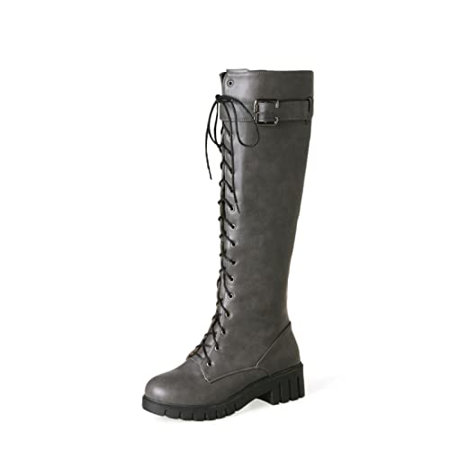 JMdfcqer Damen Stämmiger Absatz Schnüren Wade Kniehohe Armee Biker Militärstiefel Winterschuhe,Grau,43 EU von JMdfcqer