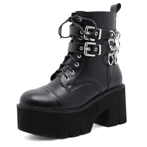 JMdfcqer Damen Stiefeletten Blockabsatz Gothic Punk Plateau Springerstiefel mit Schnallenriemen,Schwarz,37 EU von JMdfcqer