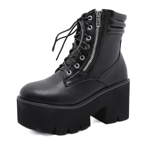JMdfcqer Damen Stiefeletten Blockabsatz Plateau Schnürstiefeletten Wasserdicht Springerstiefel Motorradstiefel mit Reißverschluss,Schwarz,37 EU von JMdfcqer