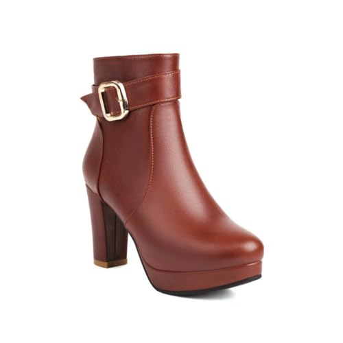 JMdfcqer Damen Stiefeletten Chelsea Bequeme Gefüttert Winterschuhe Mit Reißverschluss Und Schnalle,Braun,42 EU von JMdfcqer