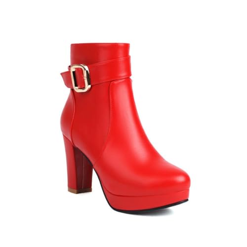 JMdfcqer Damen Stiefeletten Chelsea Bequeme Gefüttert Winterschuhe Mit Reißverschluss Und Schnalle,Rot,35 EU von JMdfcqer