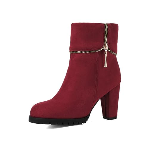 JMdfcqer Damen Stiefeletten Comfort Gefüttert Runder Zeh Reißverschluss Klassische Kunstfell Wildleder Winterstiefel,Rot,43 EU von JMdfcqer