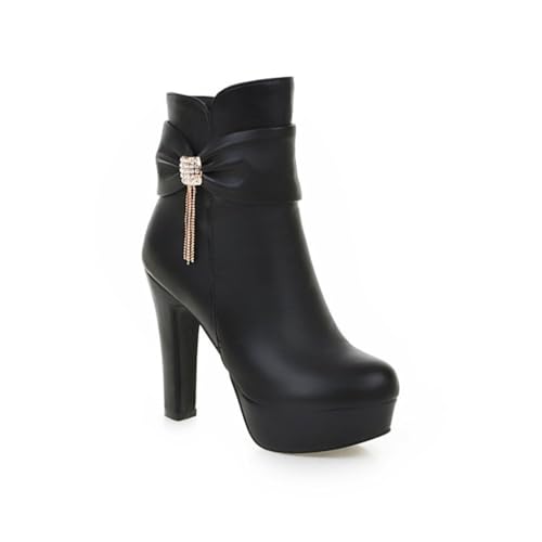 JMdfcqer Damen Stiefeletten Plateau Absatzschuhe Stiefel Runder Zeh Reißverschluss Winterstiefel Mit Strass Und Quaste,Schwarz,40 EU von JMdfcqer