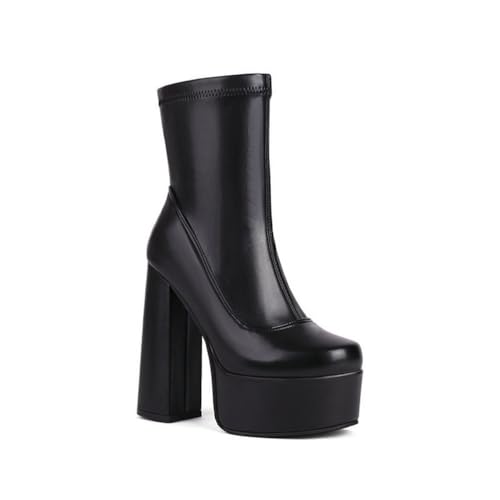 JMdfcqer Damen Stiefeletten Runder Zehen Höhen Blockabsatz Bequeme elastische Plattform Stiefel mit Reißverschluss,Schwarz,36 EU von JMdfcqer