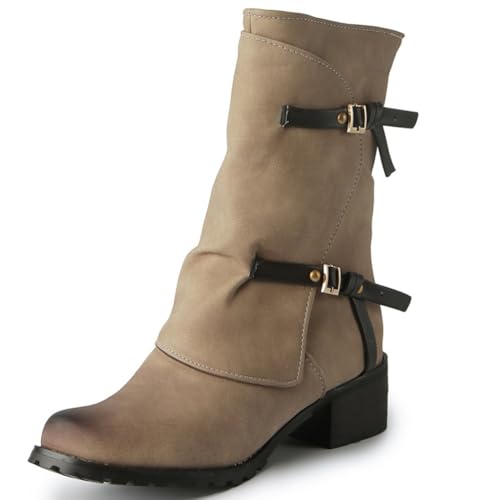JMdfcqer Damen Stiefeletten Winterstiefel Blockabsatz Kurzschaft Stiefel Mit Schnalle,Beige,39 EU von JMdfcqer