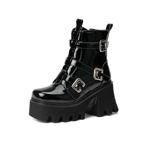 JMdfcqer Damen Wasserdicht Lackleder Stiefel Quadratische Zehe Plateau Stiefeletten Gothic Motorradstiefel mit Schnalle,Schwarz,35 EU JMdfcqer Damen Wasserdicht Lackleder Stiefel Quadratische Zehe Plateau Stiefeletten Gothic Motorradstiefel mit Schnalle,Schwarz,35 EU von JMdfcqer