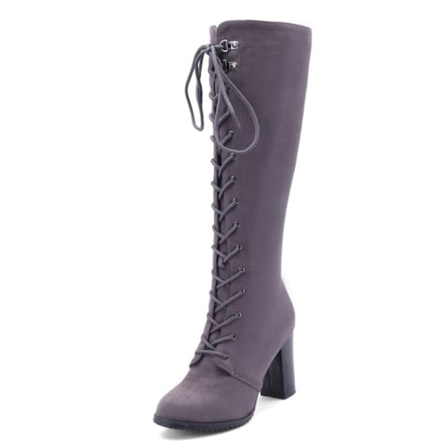 JMdfcqer Damen Wildleder Kniehohe Stiefel Runder Zeh Reißverschluss Mit Klobigem Absatz,Grau,38 EU von JMdfcqer