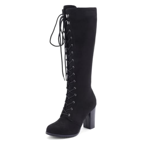 JMdfcqer Damen Wildleder Kniehohe Stiefel Runder Zeh Reißverschluss Mit Klobigem Absatz,Schwarz,35 EU von JMdfcqer