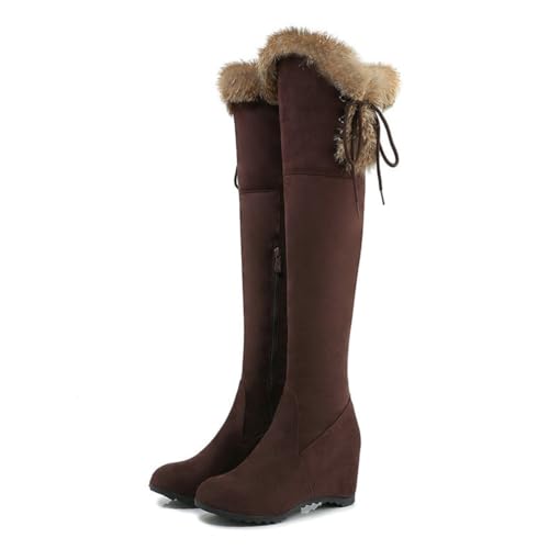 JMdfcqer Damen Wildleder Overknee Stiefel Runder Zeh Keilabsatz Comfort Lange Winterstiefel,Braun,42 EU von JMdfcqer
