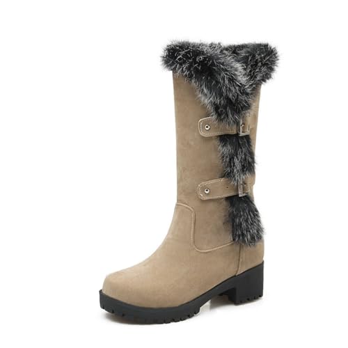 JMdfcqer Damen Winterstiefel Blockabsatz Wildleder Warm Gefütterte Schneestiefel Mit Schnalle,Beige,43 EU von JMdfcqer