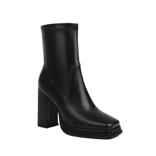 JMdfcqer Damenstiefel Quadratische Zehe Höhen Blockabsatz Plateau Schlupfstiefeletten Leicht Gefüttert Anzugstiefel,Schwarz,34 EU von JMdfcqer