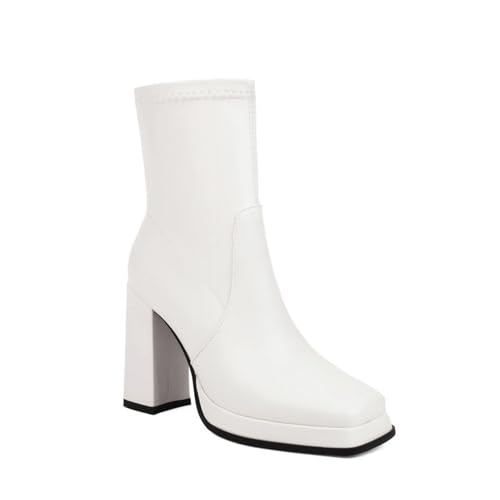 JMdfcqer Damenstiefel Quadratische Zehe Höhen Blockabsatz Plateau Schlupfstiefeletten Leicht Gefüttert Anzugstiefel,Weiß,39 EU von JMdfcqer