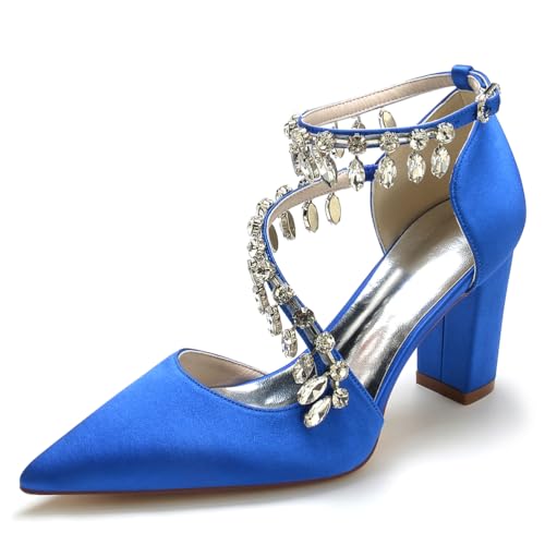 JMdfcqer Elfenbein Hochzeitsschuhe Damen Spitzschuh Strass Knöchelriemen Klassisch Blockabsatz Brautschuhe,Blau,43 EU von JMdfcqer