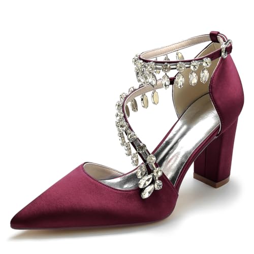 JMdfcqer Elfenbein Hochzeitsschuhe Damen Spitzschuh Strass Knöchelriemen Klassisch Blockabsatz Brautschuhe,Burgundy,39 EU von JMdfcqer