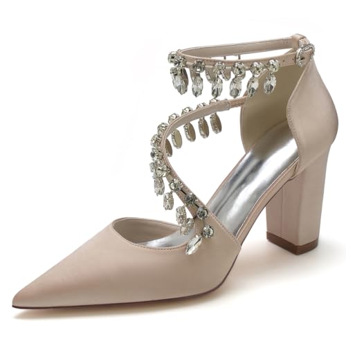 JMdfcqer Elfenbein Hochzeitsschuhe Damen Spitzschuh Strass Knöchelriemen Klassisch Blockabsatz Brautschuhe,Champagne,42 EU von JMdfcqer