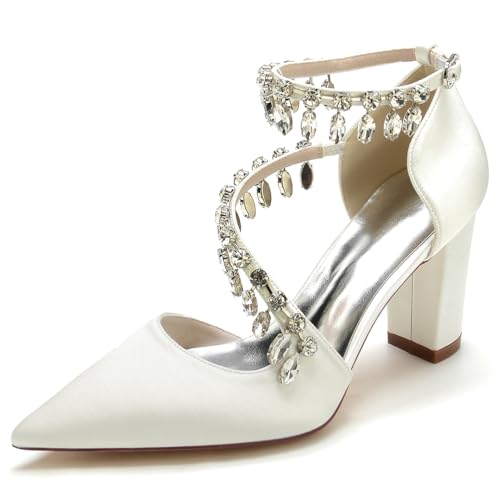 JMdfcqer Elfenbein Hochzeitsschuhe Damen Spitzschuh Strass Knöchelriemen Klassisch Blockabsatz Brautschuhe,Elfenbein,38 EU von JMdfcqer