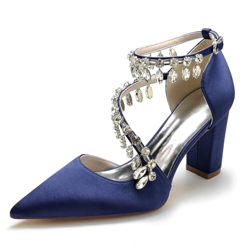 JMdfcqer Elfenbein Hochzeitsschuhe Damen Spitzschuh Strass Knöchelriemen Klassisch Blockabsatz Brautschuhe,Marine,36 EU von JMdfcqer