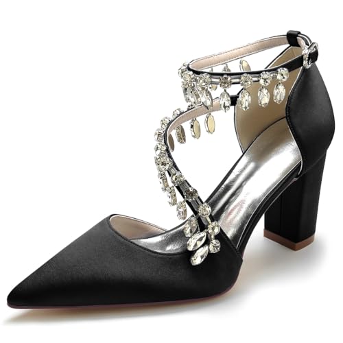 JMdfcqer Elfenbein Hochzeitsschuhe Damen Spitzschuh Strass Knöchelriemen Klassisch Blockabsatz Brautschuhe,Schwarz,38 EU von JMdfcqer