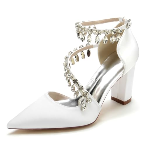 JMdfcqer Elfenbein Hochzeitsschuhe Damen Spitzschuh Strass Knöchelriemen Klassisch Blockabsatz Brautschuhe,Weiß,38 EU von JMdfcqer