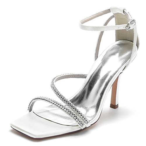 JMdfcqer Elfenbein Hochzeitsschuhe Offener Zeh Strass Riemchen Stöckel Absatz Sandaletten Sommer,Elfenbein,39 EU von JMdfcqer