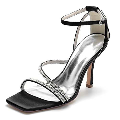 JMdfcqer Elfenbein Hochzeitsschuhe Offener Zeh Strass Riemchen Stöckel Absatz Sandaletten Sommer,Schwarz,36 EU von JMdfcqer