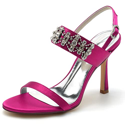 JMdfcqer Elfenbein Hochzeitsschuhe Offener Zeh Strass Stöckel Absatz Sandaletten Sommer,Fuchsia,41 EU von JMdfcqer