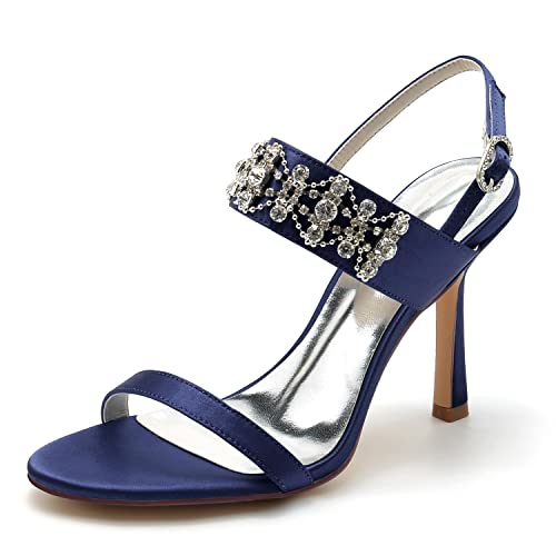 JMdfcqer Elfenbein Hochzeitsschuhe Offener Zeh Strass Stöckel Absatz Sandaletten Sommer,Marine,42 EU von JMdfcqer