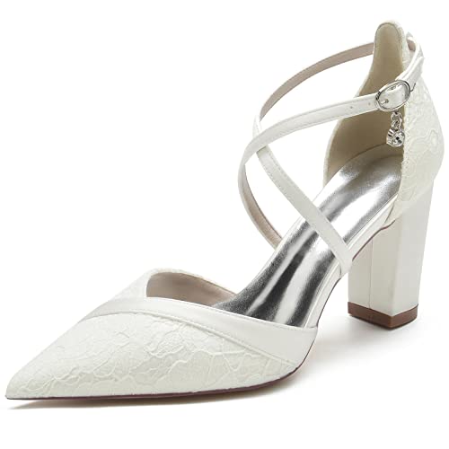 JMdfcqer Hochzeitsschuhe Brautschuhe Damen Kreuz Riemchen Spitze Satin Blockabsatz Partei Abendschuhe,Elfenbein,40 EU von JMdfcqer