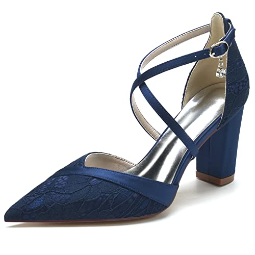 JMdfcqer Hochzeitsschuhe Brautschuhe Damen Kreuz Riemchen Spitze Satin Blockabsatz Partei Abendschuhe,Marine,40 EU von JMdfcqer