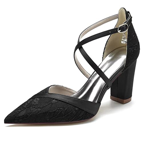 JMdfcqer Hochzeitsschuhe Brautschuhe Damen Kreuz Riemchen Spitze Satin Blockabsatz Partei Abendschuhe,Schwarz,40 EU von JMdfcqer