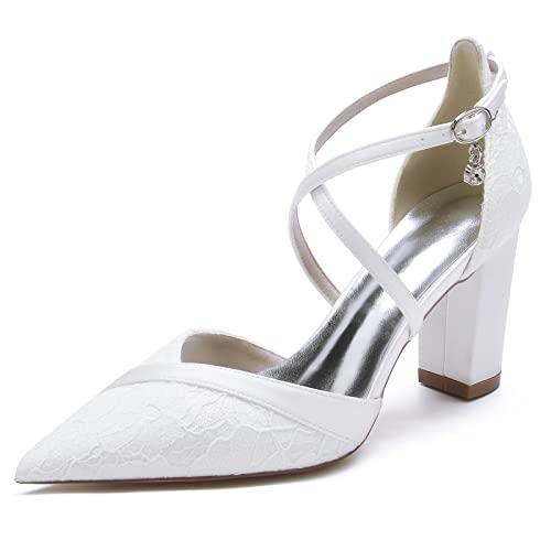 JMdfcqer Hochzeitsschuhe Brautschuhe Damen Kreuz Riemchen Spitze Satin Blockabsatz Partei Abendschuhe,Weiß,37 EU von JMdfcqer