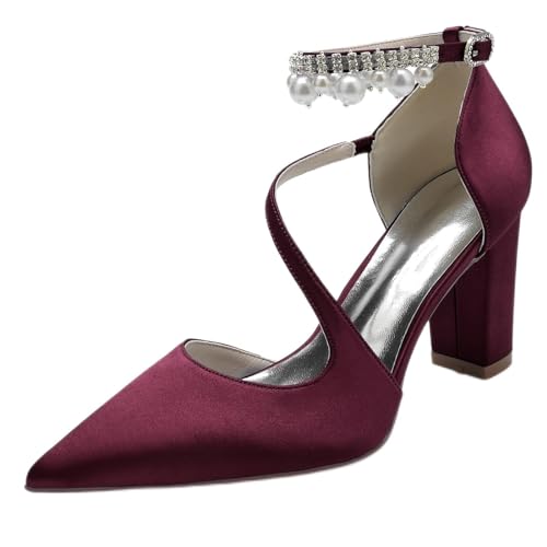 JMdfcqer Hochzeitsschuhe Brautschuhe Damen Perle Knöchelriemen Spitzschuh Blockabsatz Partei Abendschuhe,Burgundy,43 EU von JMdfcqer