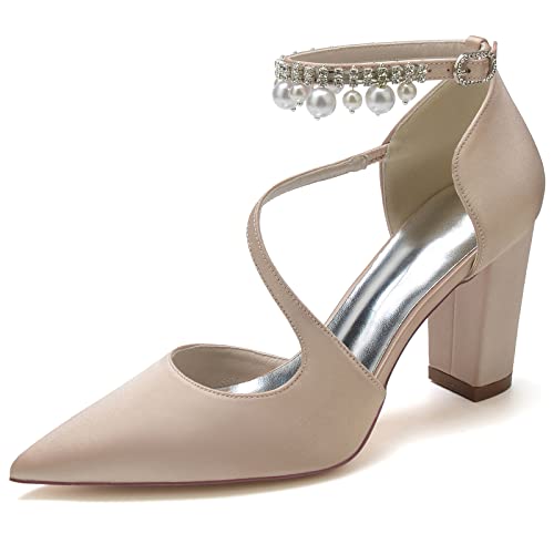 JMdfcqer Hochzeitsschuhe Brautschuhe Damen Perle Knöchelriemen Spitzschuh Blockabsatz Partei Abendschuhe,Champagne,36 EU von JMdfcqer
