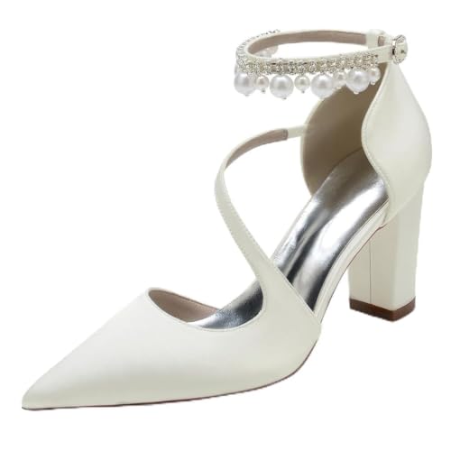 JMdfcqer Hochzeitsschuhe Brautschuhe Damen Perle Knöchelriemen Spitzschuh Blockabsatz Partei Abendschuhe,Elfenbein,39 EU von JMdfcqer