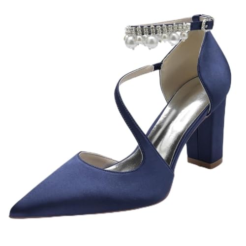 JMdfcqer Hochzeitsschuhe Brautschuhe Damen Perle Knöchelriemen Spitzschuh Blockabsatz Partei Abendschuhe,Marine,40 EU von JMdfcqer