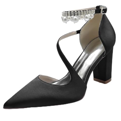 JMdfcqer Hochzeitsschuhe Brautschuhe Damen Perle Knöchelriemen Spitzschuh Blockabsatz Partei Abendschuhe,Schwarz,42 EU von JMdfcqer