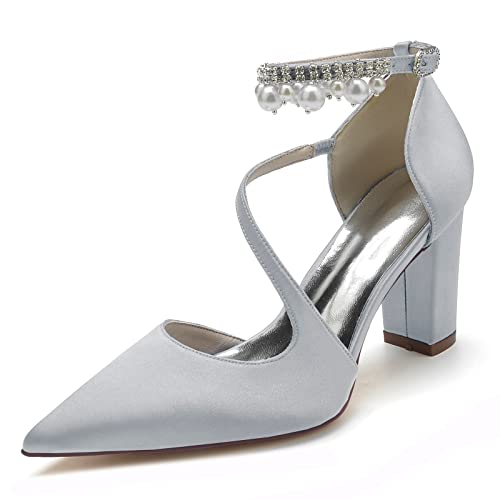 JMdfcqer Hochzeitsschuhe Brautschuhe Damen Perle Knöchelriemen Spitzschuh Blockabsatz Partei Abendschuhe,Silber,38 EU von JMdfcqer