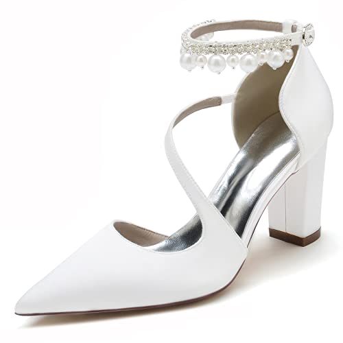 JMdfcqer Hochzeitsschuhe Brautschuhe Damen Perle Knöchelriemen Spitzschuh Blockabsatz Partei Abendschuhe,Weiß,43 EU von JMdfcqer