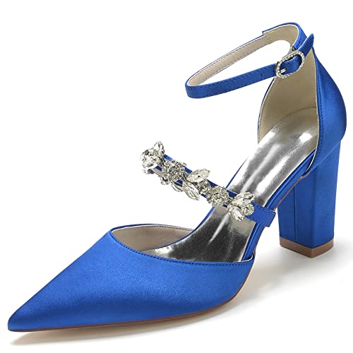 JMdfcqer Hochzeitsschuhe Damen Strass Knöchelriemen Spitzschuh Blockabsatz Partei Abendschuhe Brautschuhe,Blau,42 EU von JMdfcqer