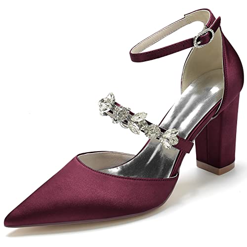 JMdfcqer Hochzeitsschuhe Damen Strass Knöchelriemen Spitzschuh Blockabsatz Partei Abendschuhe Brautschuhe,Burgundy,38 EU von JMdfcqer