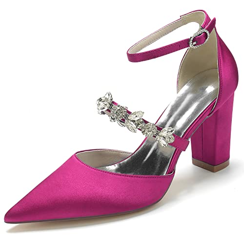 JMdfcqer Hochzeitsschuhe Damen Strass Knöchelriemen Spitzschuh Blockabsatz Partei Abendschuhe Brautschuhe,Fuchsia,42 EU von JMdfcqer