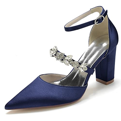 JMdfcqer Hochzeitsschuhe Damen Strass Knöchelriemen Spitzschuh Blockabsatz Partei Abendschuhe Brautschuhe,Marine,41 EU von JMdfcqer