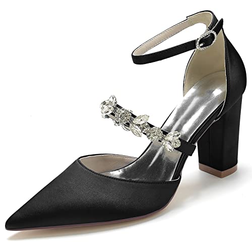 JMdfcqer Hochzeitsschuhe Damen Strass Knöchelriemen Spitzschuh Blockabsatz Partei Abendschuhe Brautschuhe,Schwarz,39 EU von JMdfcqer