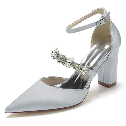 JMdfcqer Hochzeitsschuhe Damen Strass Knöchelriemen Spitzschuh Blockabsatz Partei Abendschuhe Brautschuhe,Silber,36 EU von JMdfcqer