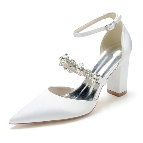 JMdfcqer Hochzeitsschuhe Damen Strass Knöchelriemen Spitzschuh Blockabsatz Partei Abendschuhe Brautschuhe,Weiß,38 EU von JMdfcqer