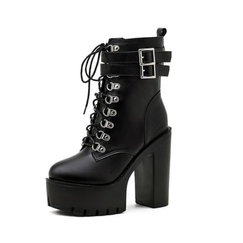 JMdfcqer Plateau Combat Stiefeletten Mit Schnalle Reißverschluss Blockabsatz Damen Gothic Punk Schnürstiefel,Schwarz,35 EU von JMdfcqer