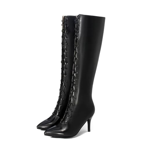 JMdfcqer Schnürboots Damen Spitzem Zehenbereich Mit Seitlichem Reißverschluss Stiletto-Absatz Kniehohe Stiefel,Schwarz,48 EU von JMdfcqer
