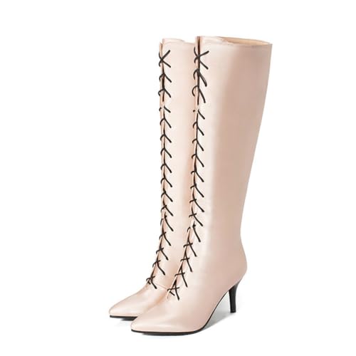 JMdfcqer Schnürboots Damen Spitzem Zehenbereich Mit Seitlichem Reißverschluss Stiletto-Absatz Kniehohe Stiefel,Weiß,45 EU von JMdfcqer